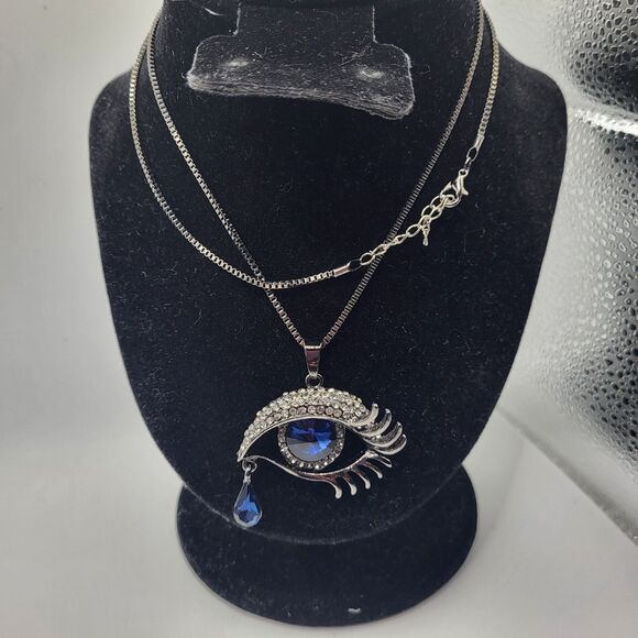 Gunmetal Silver Blue Eye Pendant Necklace 30in - Picture 3 of 4